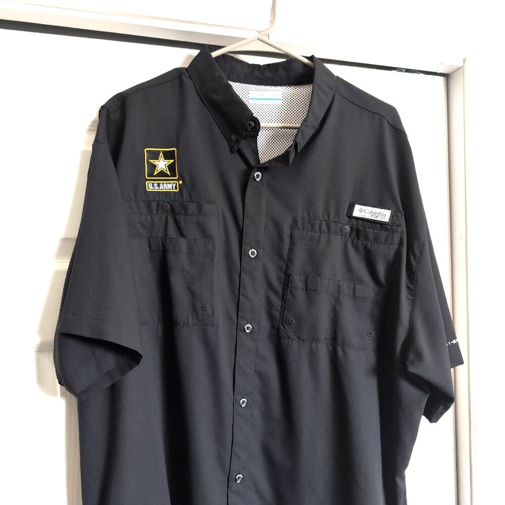 EUC Army Columbia PFG Shirt Mens XXL Black Short Sleeve Vented OmniShade Fishing